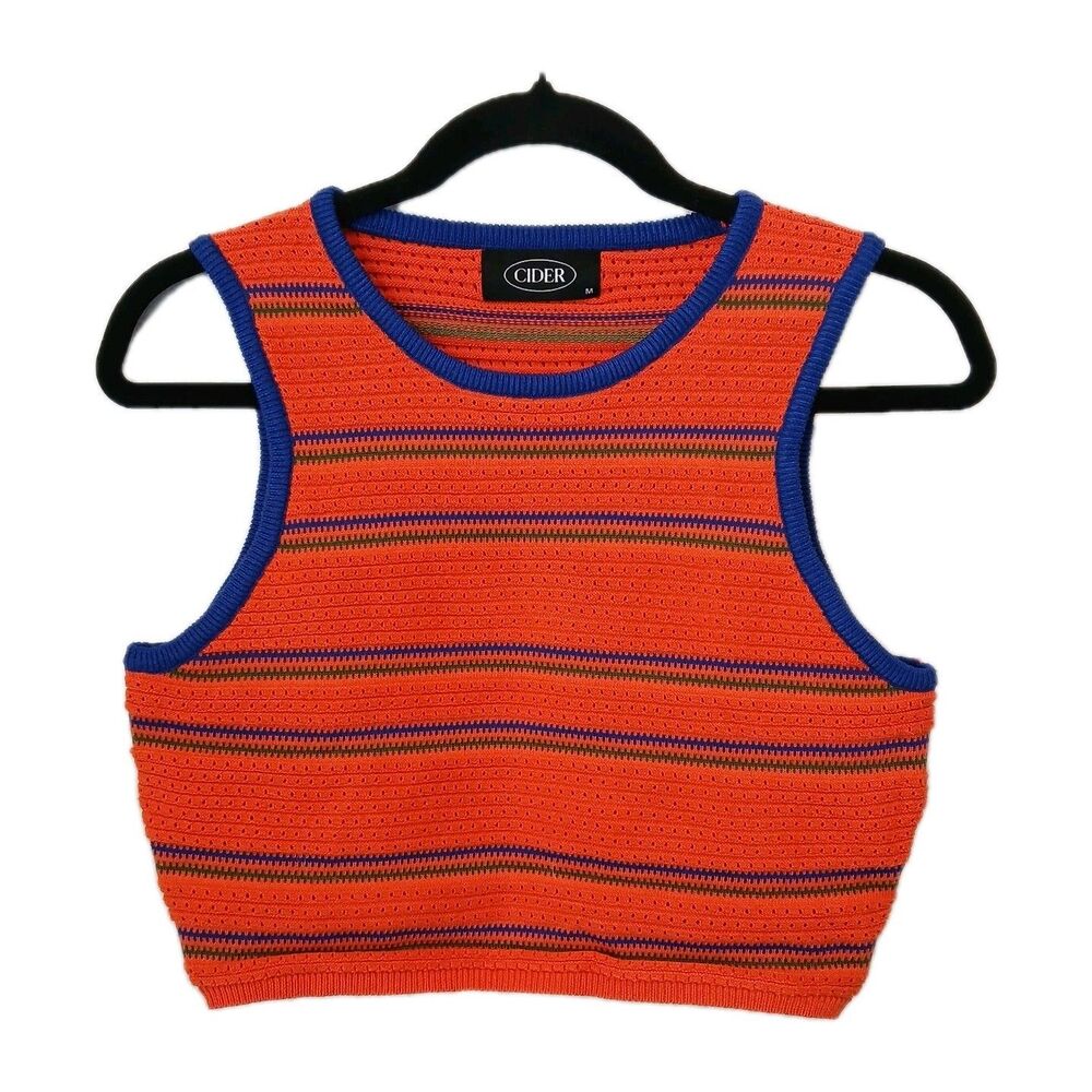 Cider Knitted Sleeveless Crop Top Orange Blue Green Size Medium Striped 3D